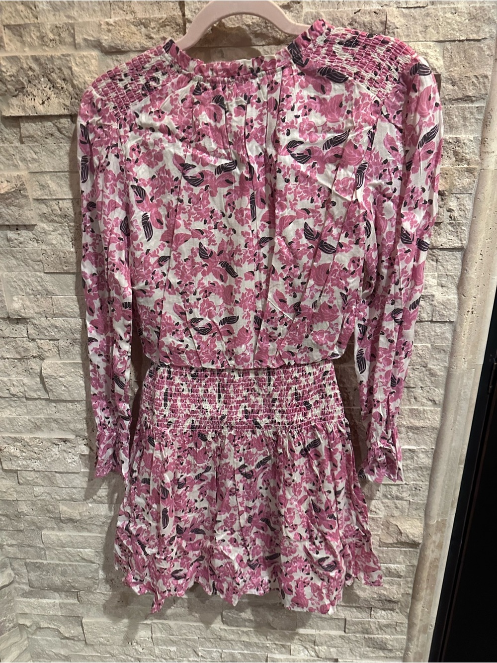 Roan + Ryan (Evereve) Pink Floral Long Sleeve Smocked-Waist Mini Dress